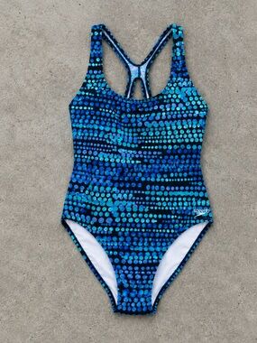 Speedo One Piece Swimsuit Size 16 Blue Dot Print Built In Bra Racerback Resort